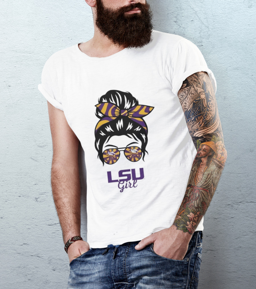 LSU Tigers Girl Purple Yellow Stripes Messy Bun Glasses T-Shirt