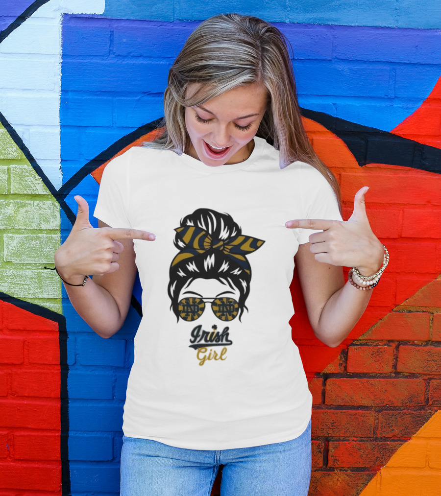 Notre Dame Irish Girl Messy Bun ND Glasses Bow T-Shirt