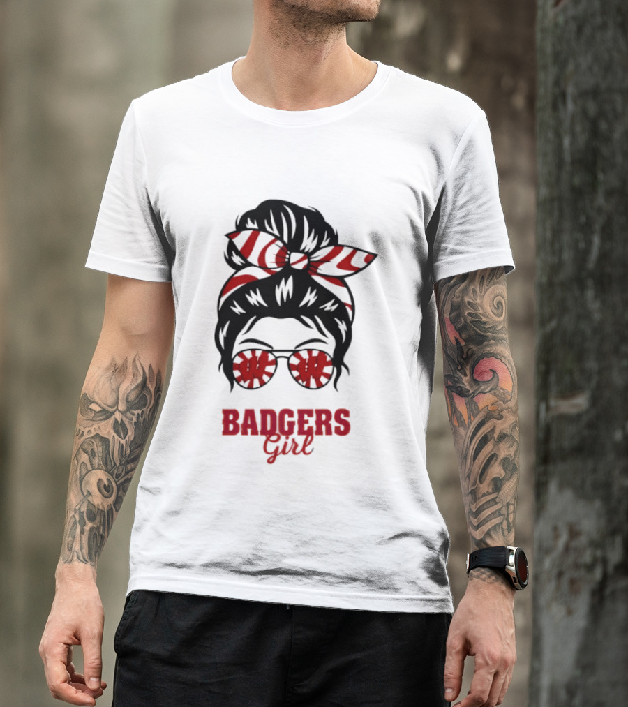 Wisconsin Badgers Girl Messy Bun Glasses Bow T-Shirt