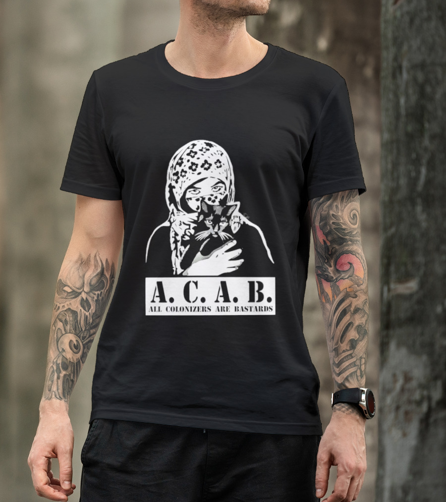 A.C.A.B. All Colonizers Are Bastards Protest Image With Floral Hijab Woman And Cat T-Shirt