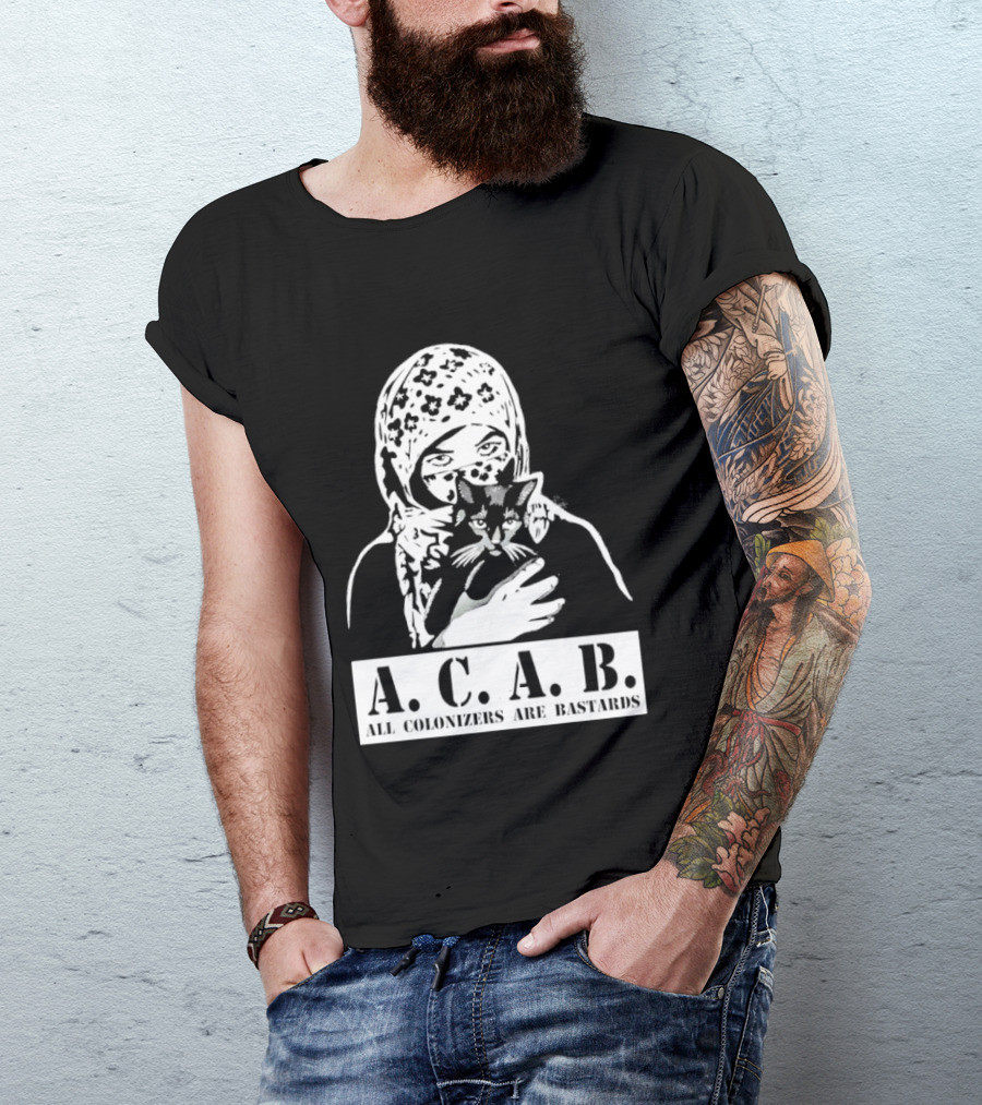 A.C.A.B. All Colonizers Are Bastards Protest Image With Floral Hijab Woman And Cat T-Shirt