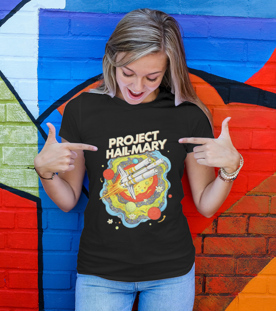 Project Hail Mary Rocket Launching Through Colorful Space Planets T-Shirt