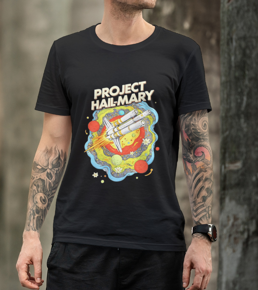 Project Hail Mary Rocket Launching Through Colorful Space Planets T-Shirt