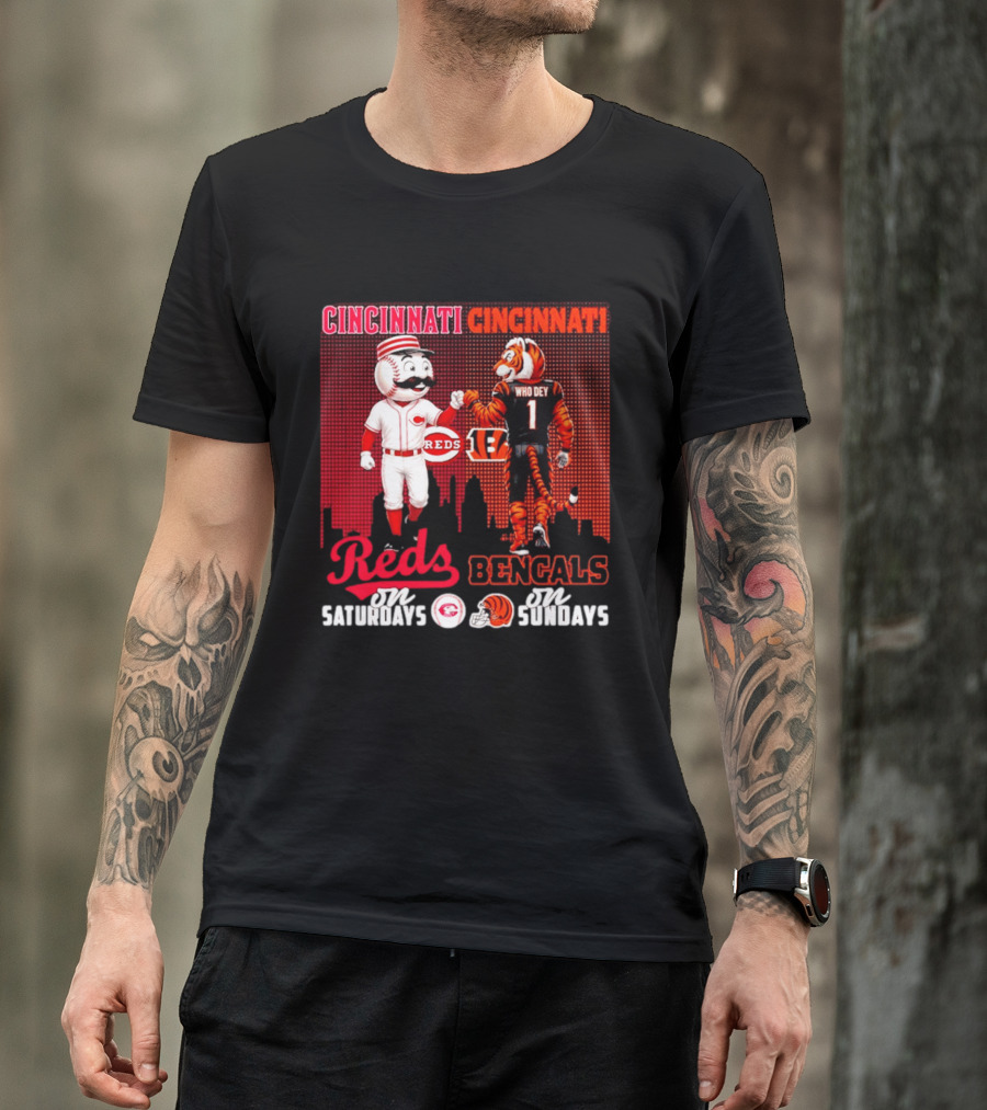 Cincinnati Reds Saturdays Vs Bengals Sundays City Mascots Skyline T-Shirt