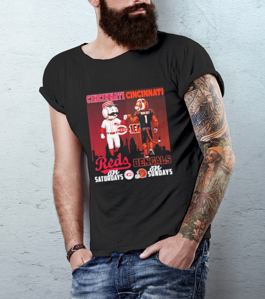 Cincinnati Reds Saturdays Vs Bengals Sundays City Mascots Skyline T-Shirt