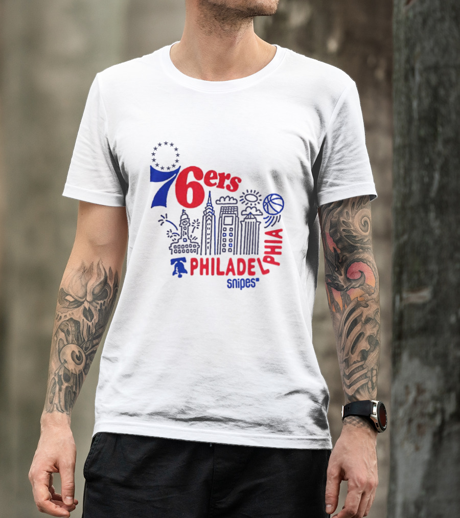 Philadelphia 76ers Snipes City Skyline Sketch Basketball T-Shirt