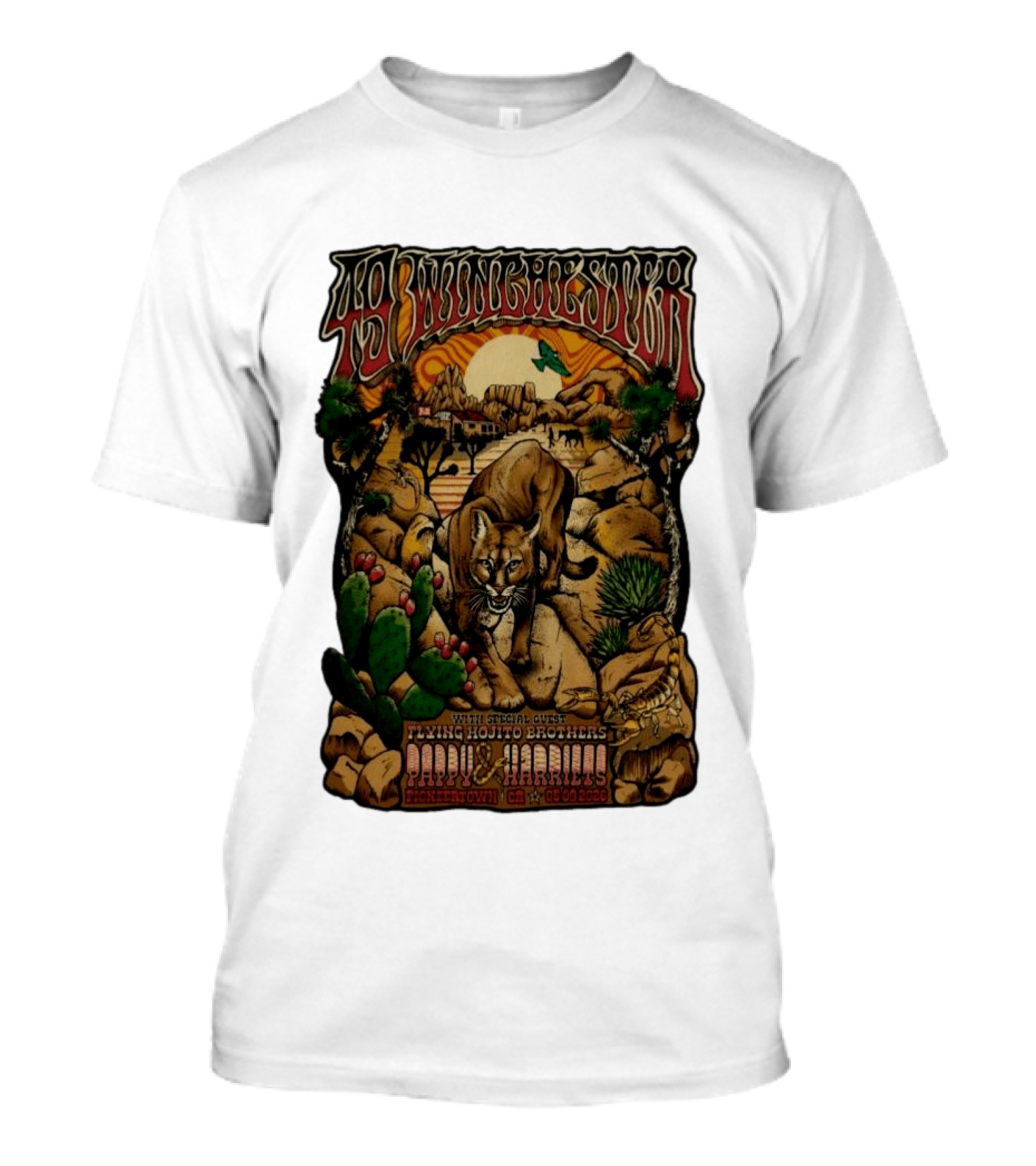 49 Winchester Pioneertown May 9 2026 Flying Mojito Brothers Pap Yu Harlins Cat Desert Scene T-Shirt