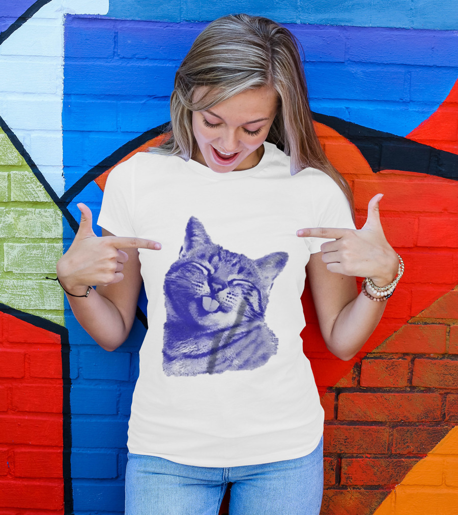 Playful Cat Sticking Out Tongue In Blue Tint T-Shirt