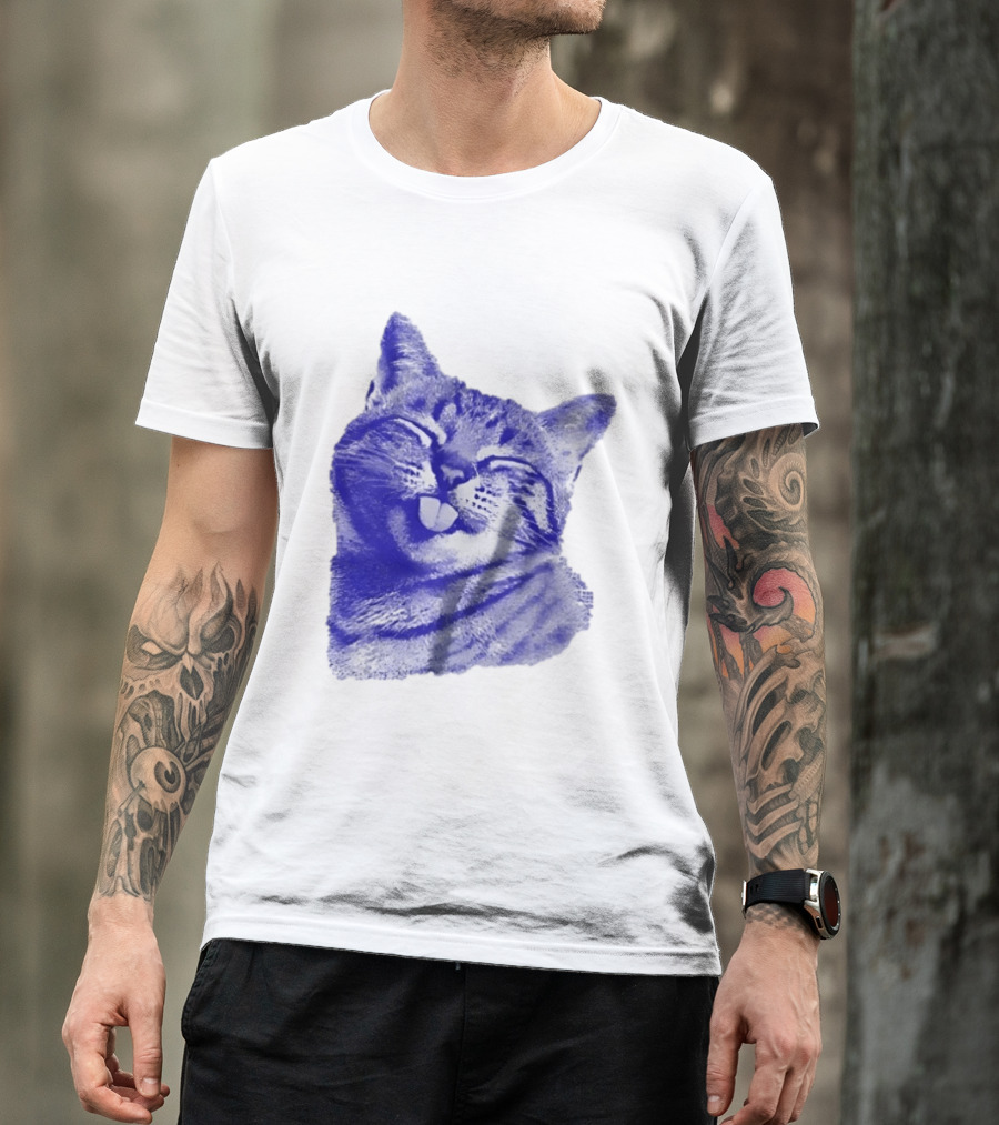 Playful Cat Sticking Out Tongue In Blue Tint T-Shirt