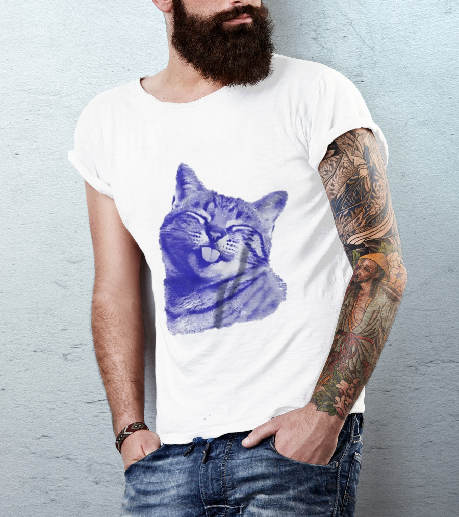 Playful Cat Sticking Out Tongue In Blue Tint T-Shirt
