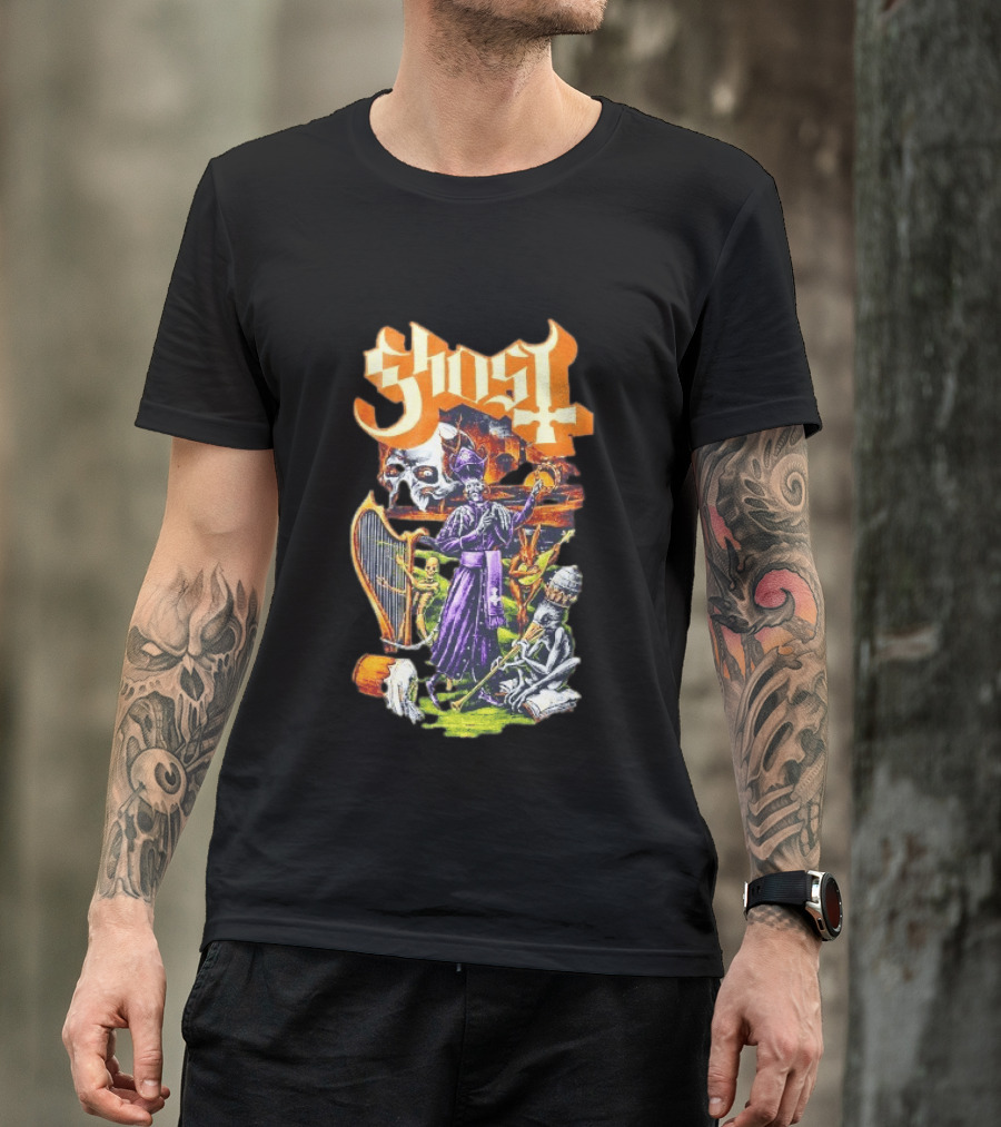 Ghost Band Gothic Horror Pope With Ghouls And Harp T-Shirt