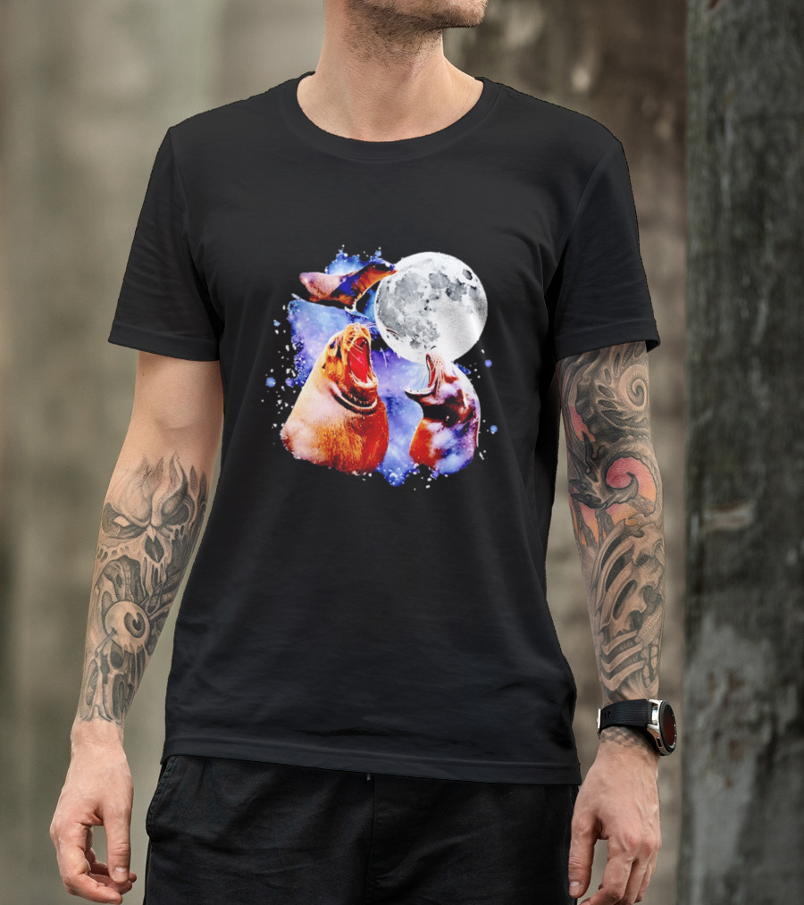 Sea Lion Trio Howling At The Moon In Outer Space Scene T-Shirt