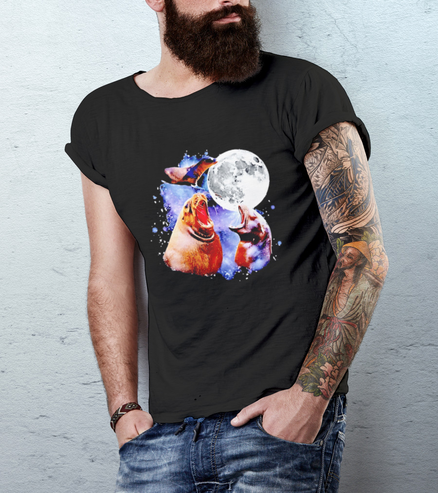 Sea Lion Trio Howling At The Moon In Outer Space Scene T-Shirt