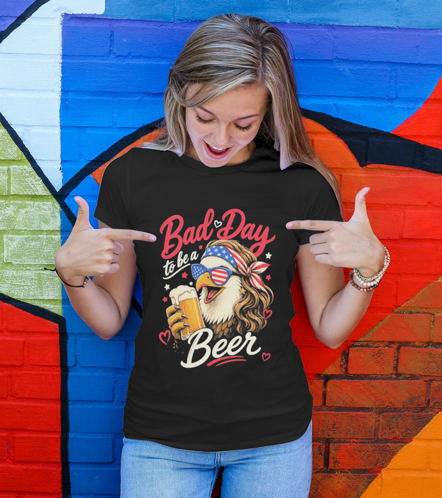 Bad Day To Be A Beer Patriotic Bald Eagle With American Flag Bandana And Heart Accents T-Shirt