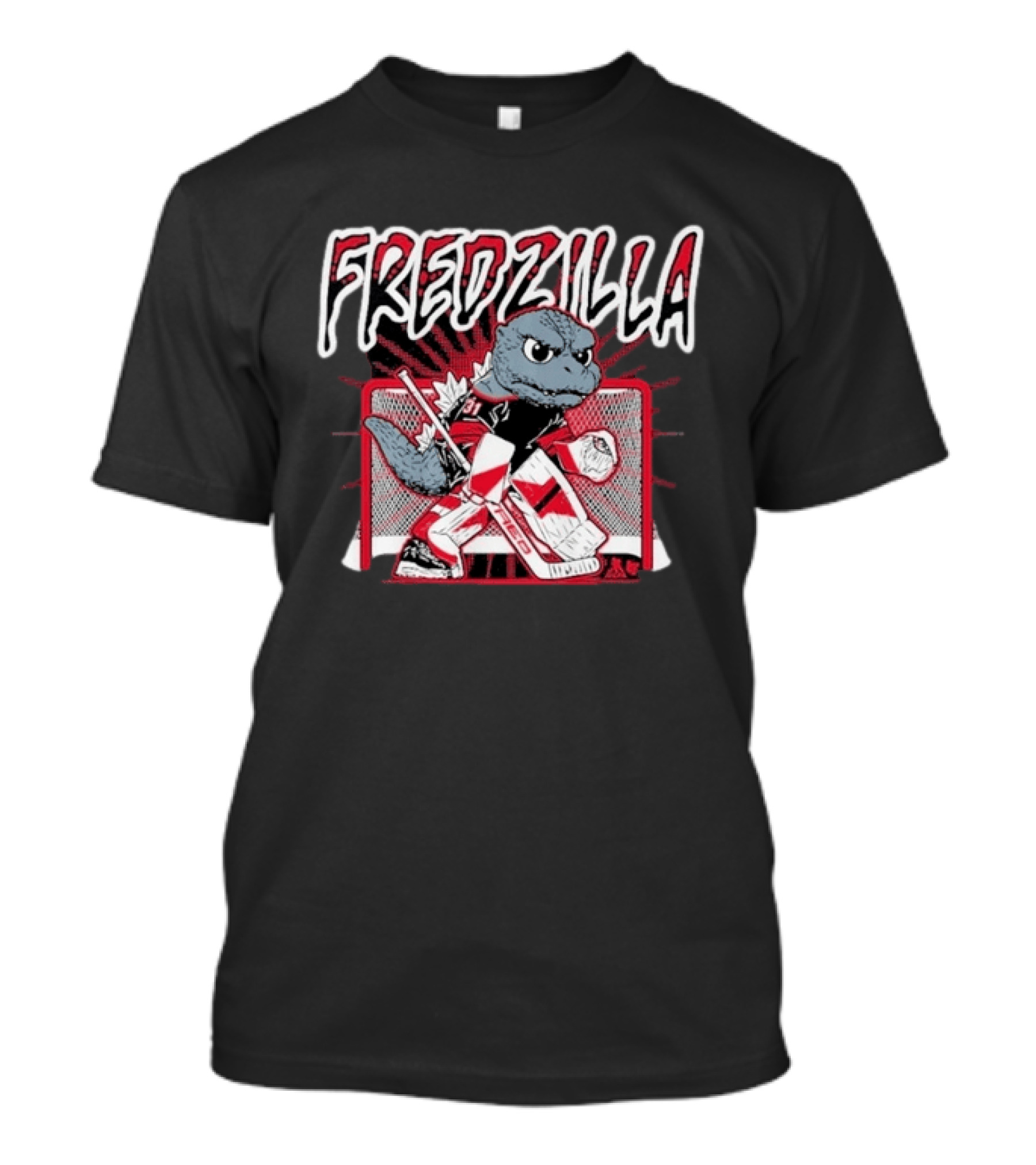 FredZilla Hockey Goalie Monster Art With Equipment And Net T-Shirt