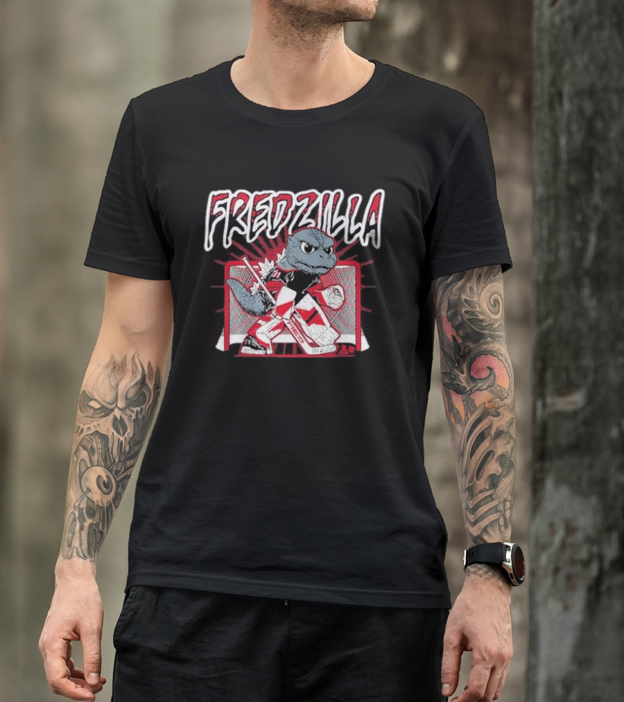FredZilla Hockey Goalie Monster Art With Equipment And Net T-Shirt