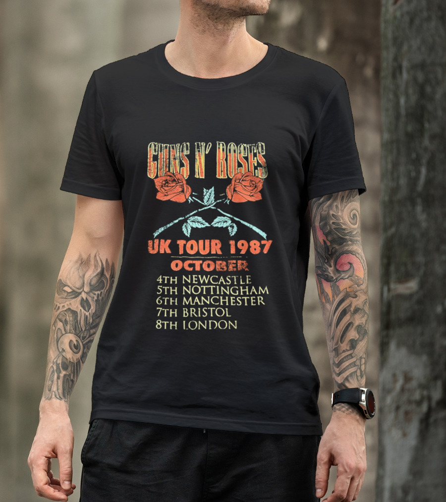 Guns N' Roses UK Tour 1987 October Newcastle Nottingham Manchester Bristol London T-Shirt