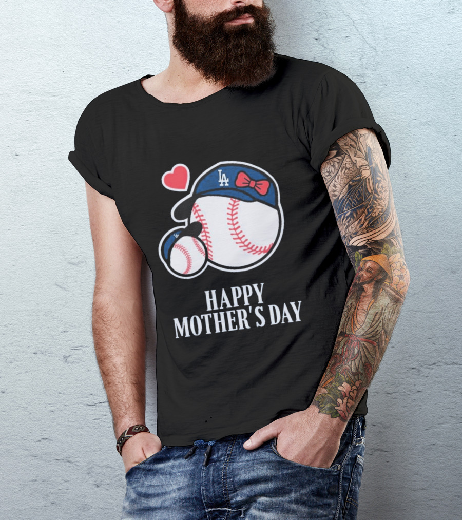 Happy Mother's Day 2026 LA Baseball Red Bow Heart T-Shirt