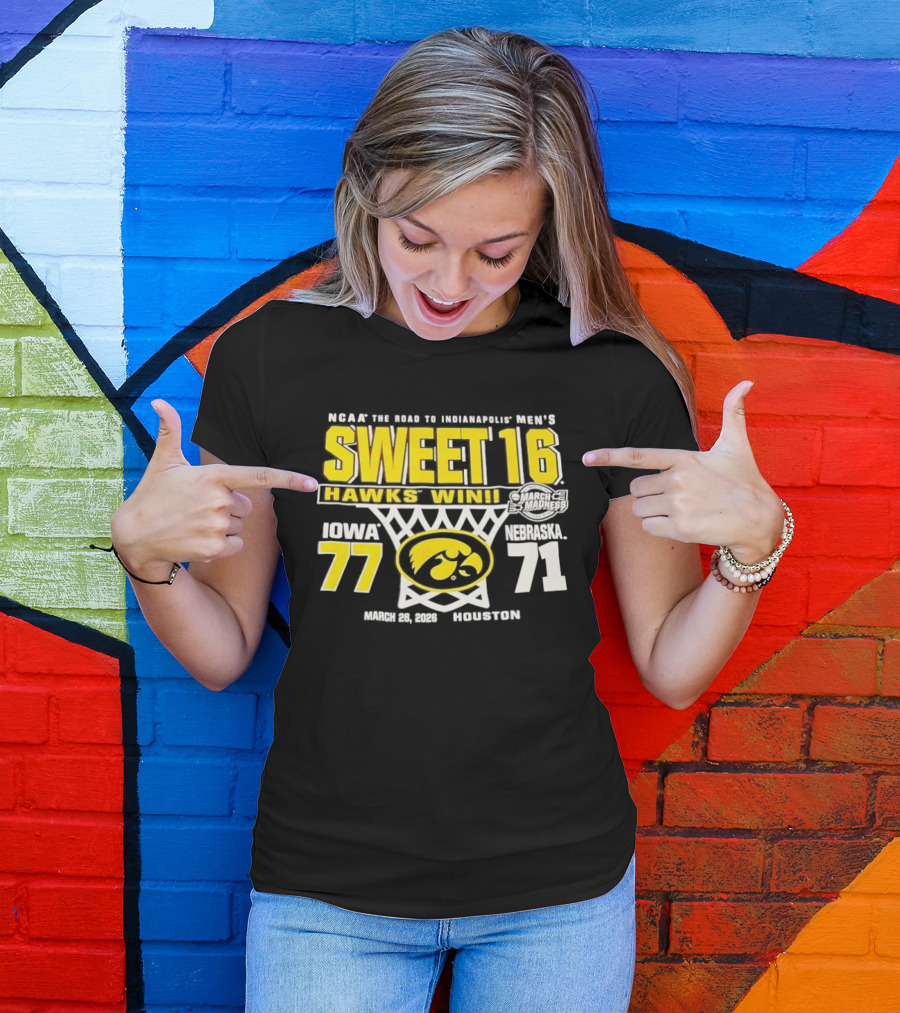 NCAA March Madness The Road To Indianapolis Men's Sweet 16 Hawks Win Iowa 77 Nebraska 71 March 25 1989 Houston T-Shirt