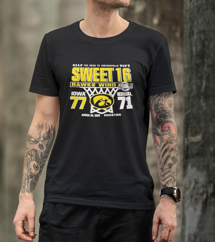 NCAA March Madness The Road To Indianapolis Men's Sweet 16 Hawks Win Iowa 77 Nebraska 71 March 25 1989 Houston T-Shirt
