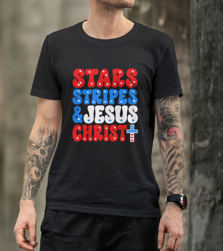 Patriotic Stars Stripes Jesus Christ Christian Faith Cross T-Shirt