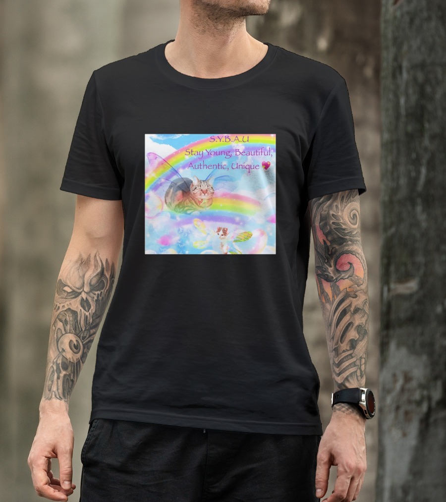 S.Y.B.A.U Stay Young Beautiful Authentic Unique Cat Rainbow Wings T-Shirt