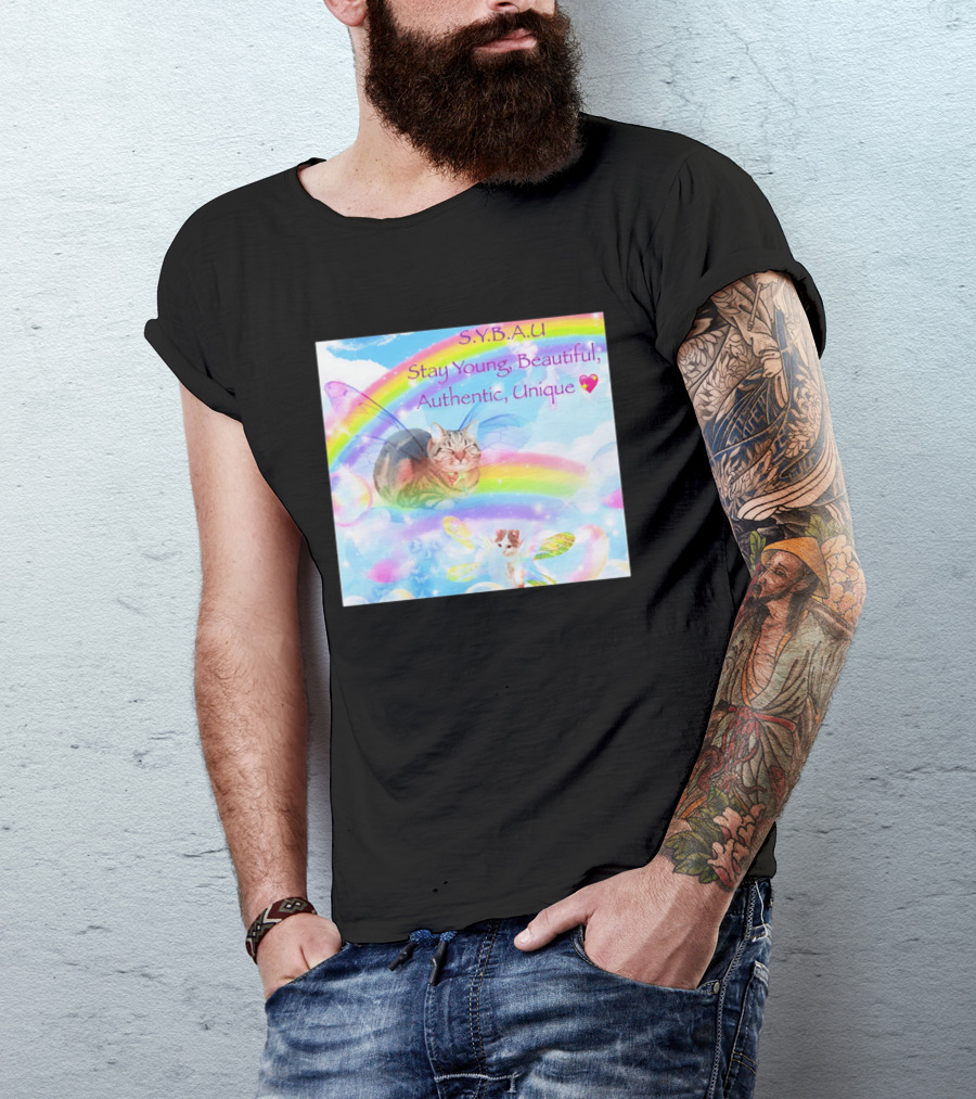 S.Y.B.A.U Stay Young Beautiful Authentic Unique Cat Rainbow Wings T-Shirt