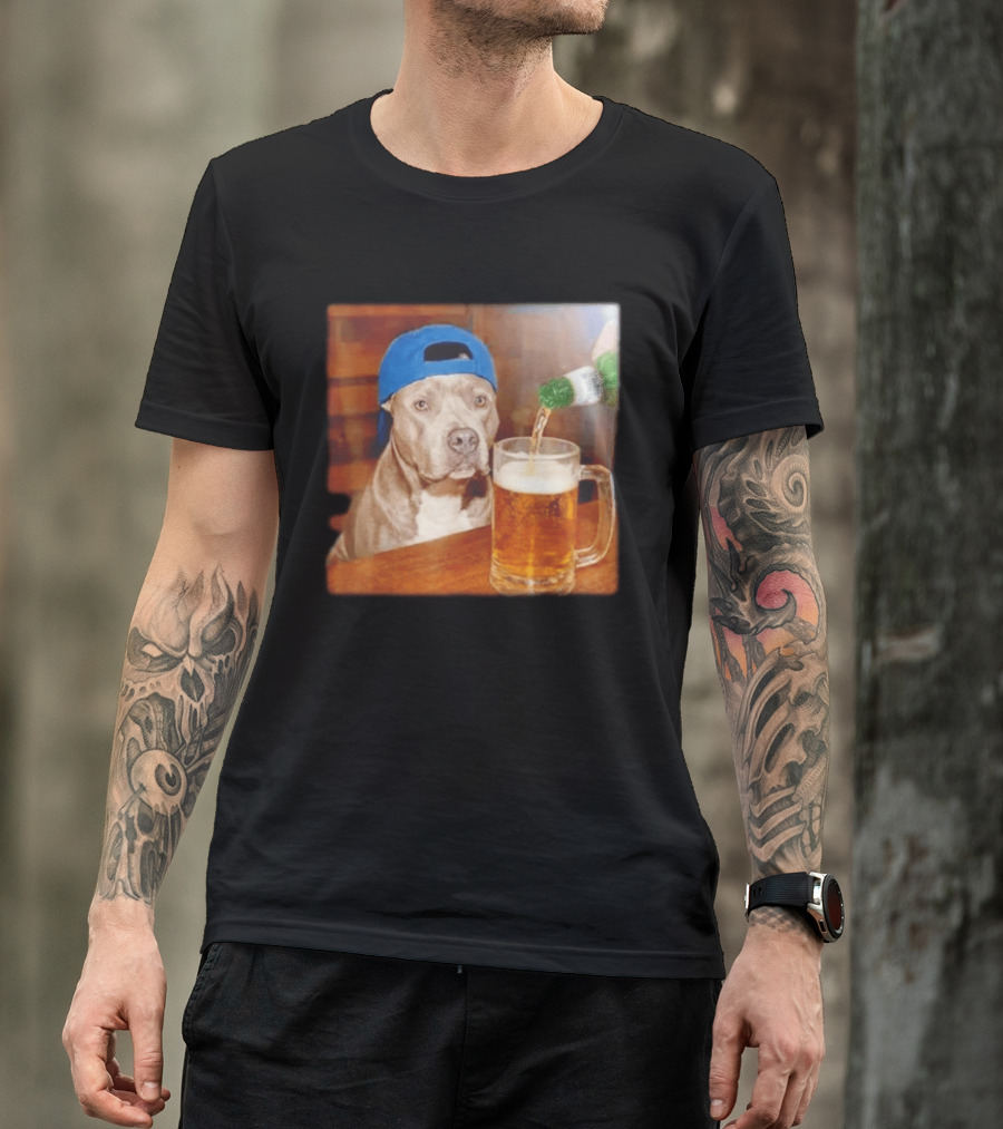 Pit Bull Drinking Beer Blue Cap Meme T-Shirt