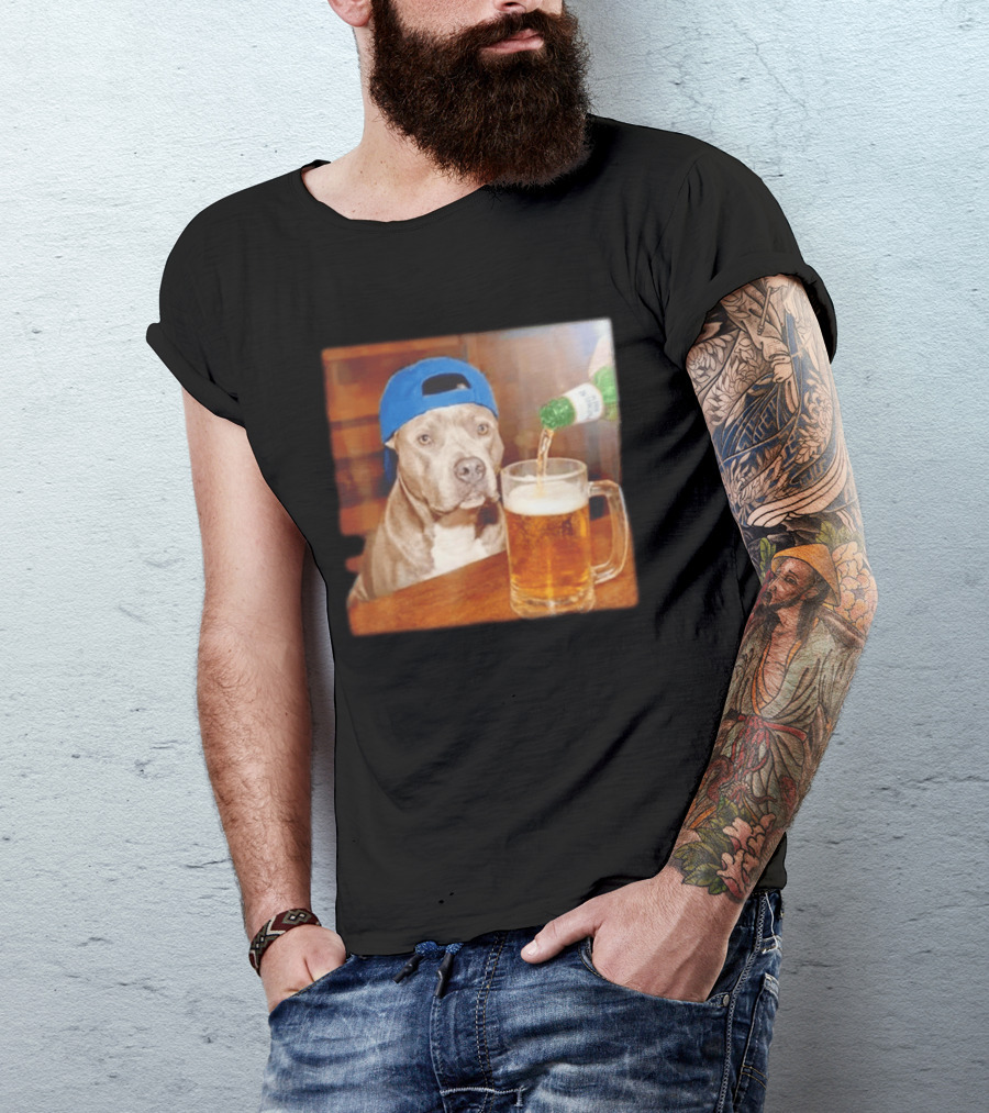 Pit Bull Drinking Beer Blue Cap Meme T-Shirt