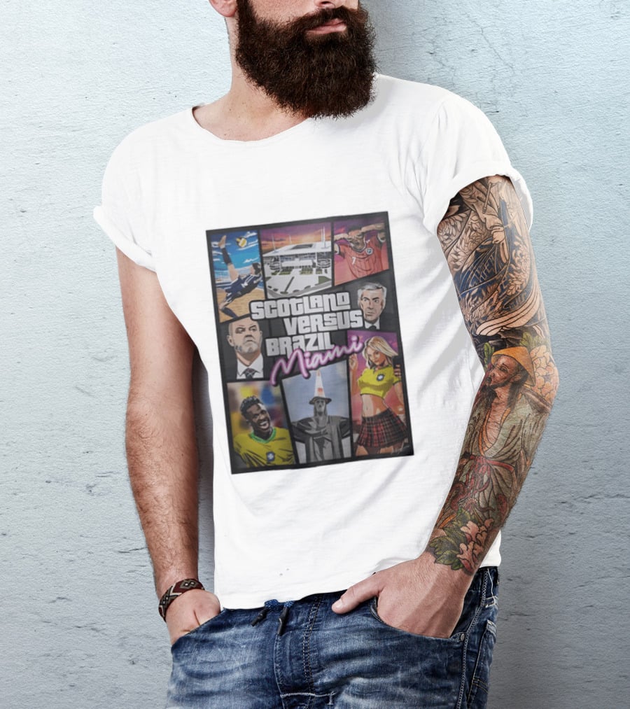 Scotland Versus Brazil Miami Comic Style Soccer Matchup T-Shirt