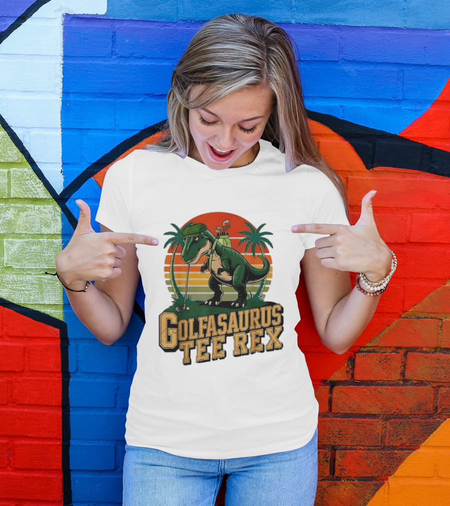 Golfasaurus Rex Rex Dinosaur Playing Golf Sunset Palm Trees T-Shirt