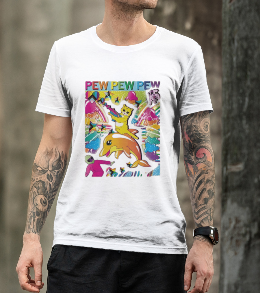 Pew Pew Pew Colorful Cat Dolphin Alien Rainbow T-Shirt