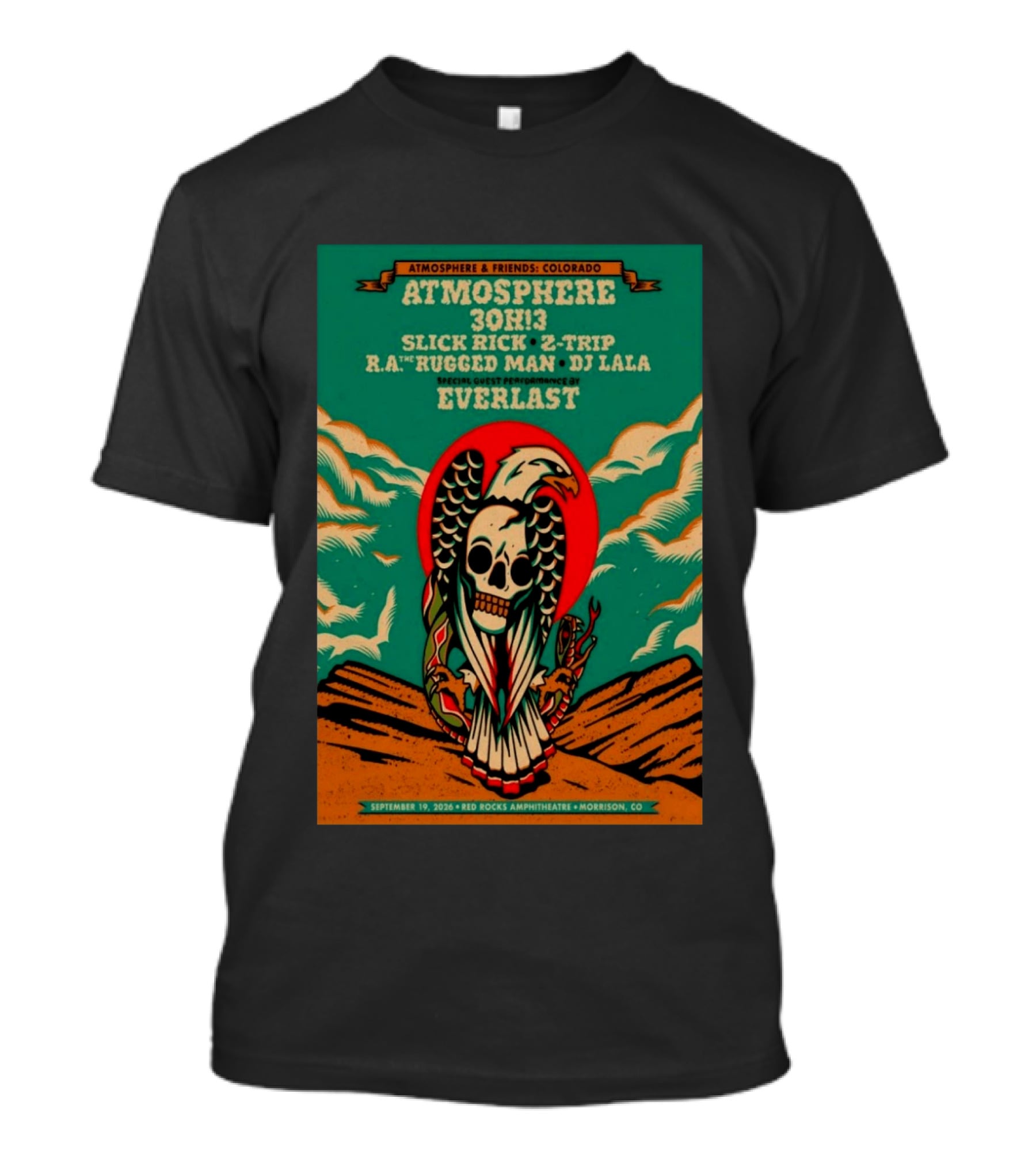 Atmosphere Friends Colorado Slick Rick Red Rocks September 19 2026 Morrison CO T-Shirt