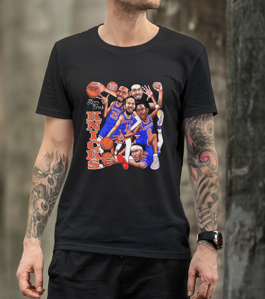 New York Knicks Starting Five 2026 Caricature Dunk Basketball Hoops T-Shirt
