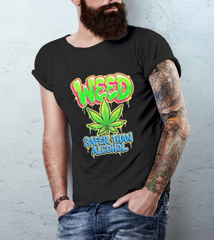 Weed Safer Than Alcohol Leaf Bright Graffiti T-Shirt