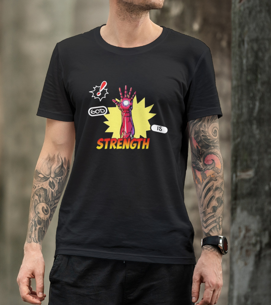 Iron Man God Is Strength Exclamation Comic Style Burst T-Shirt