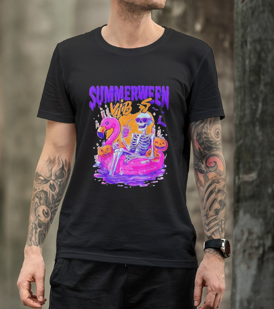 Summerween Vibes Skeleton On Flamingo With Pumpkins T-Shirt