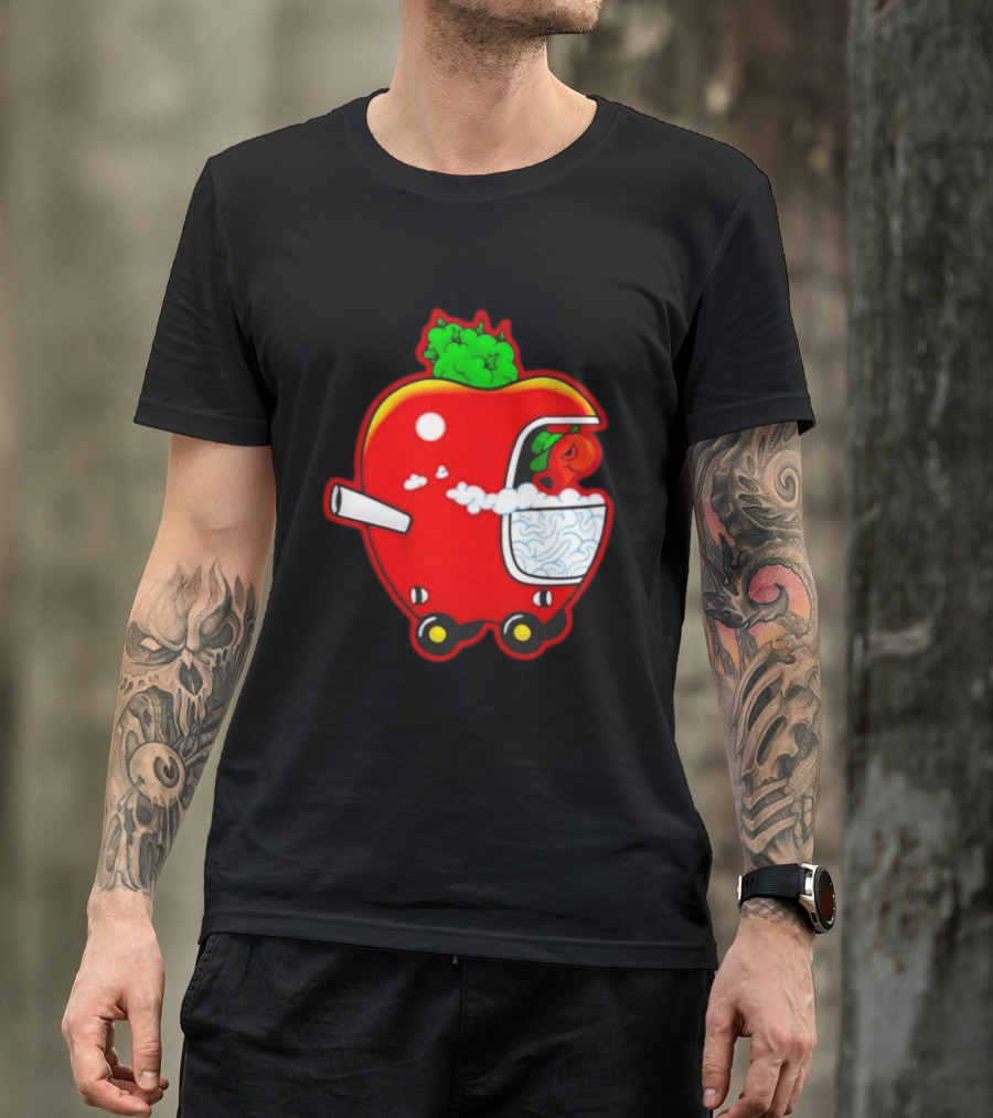 Smokey Worm Apple Cartoon Red Apple With Smoke And Wheels T-Shirt
