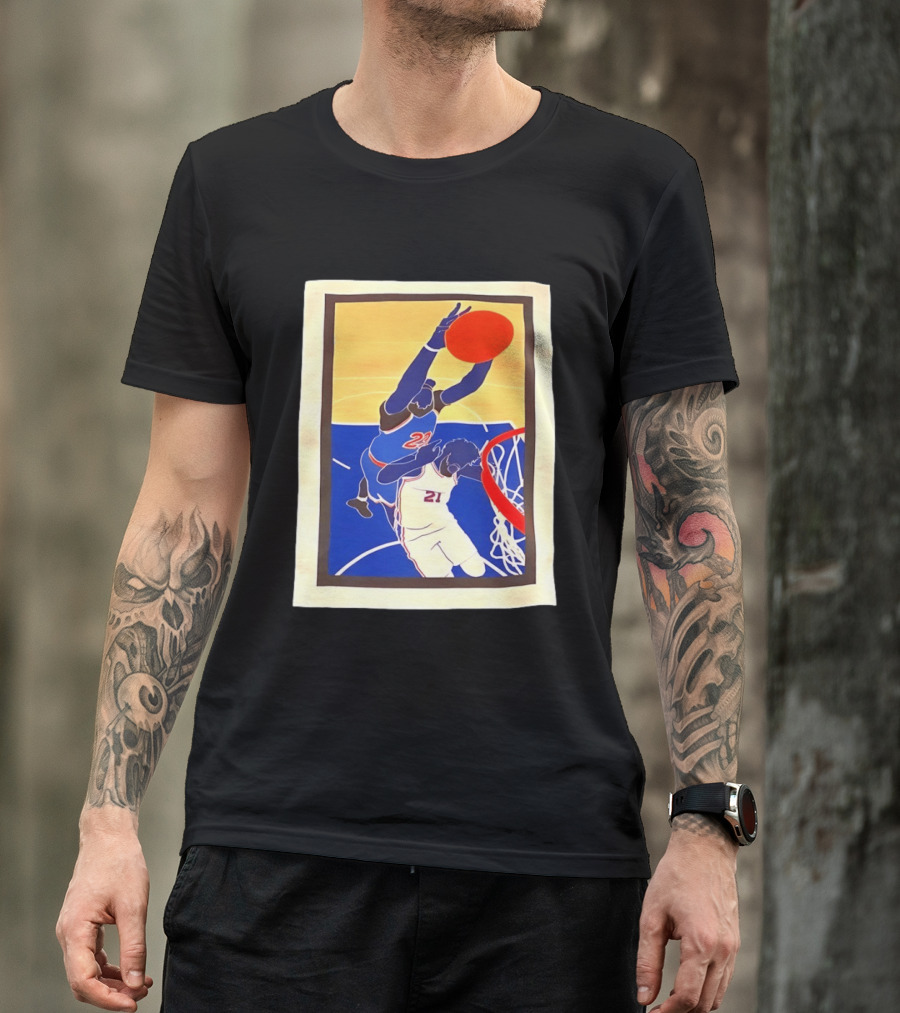 Mitchell Robinson 23 Dunking Joel Embiid 21 New York Knicks Basketball NBA 2026 T-Shirt