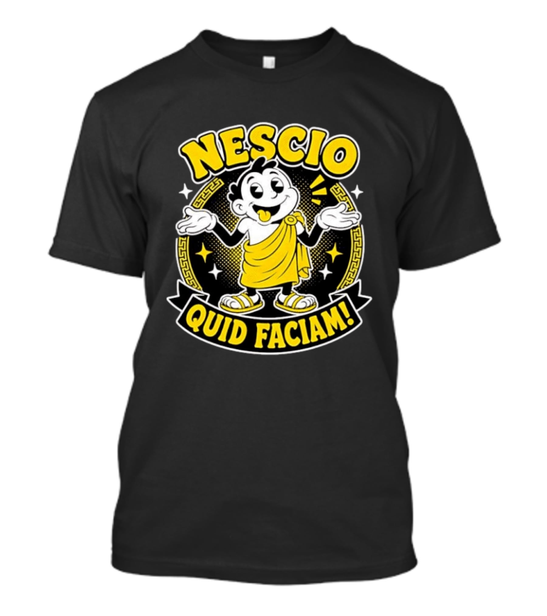 Nescio Quid Faciam Cartoon Ancient Roman Character Greek Key Border T-Shirt