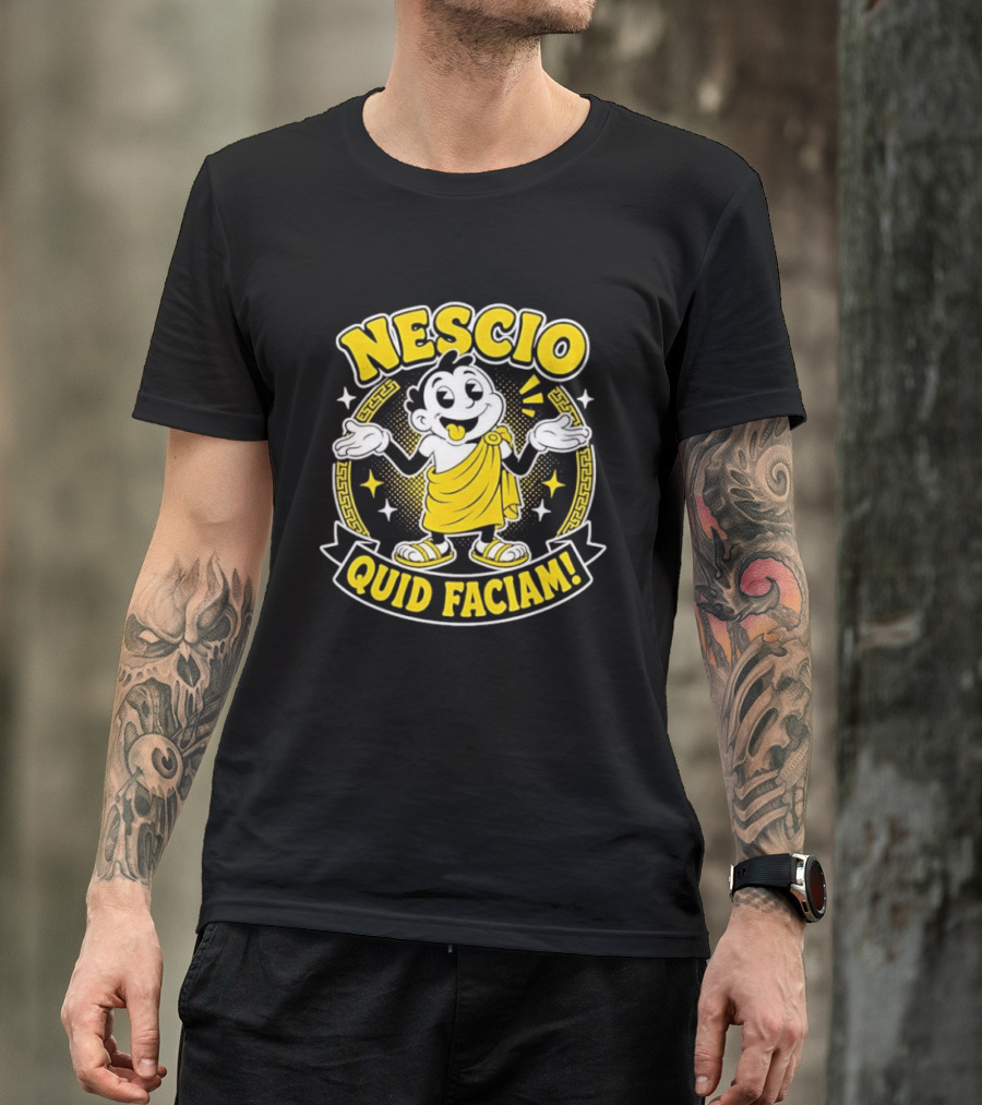 Nescio Quid Faciam Cartoon Ancient Roman Character Greek Key Border T-Shirt