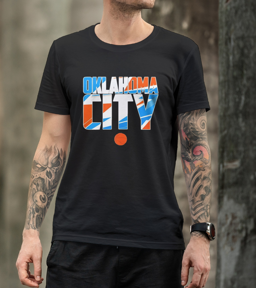 Oklahoma City Basketball Pride Colorful Lettering With Orange Basketball T-Shirt