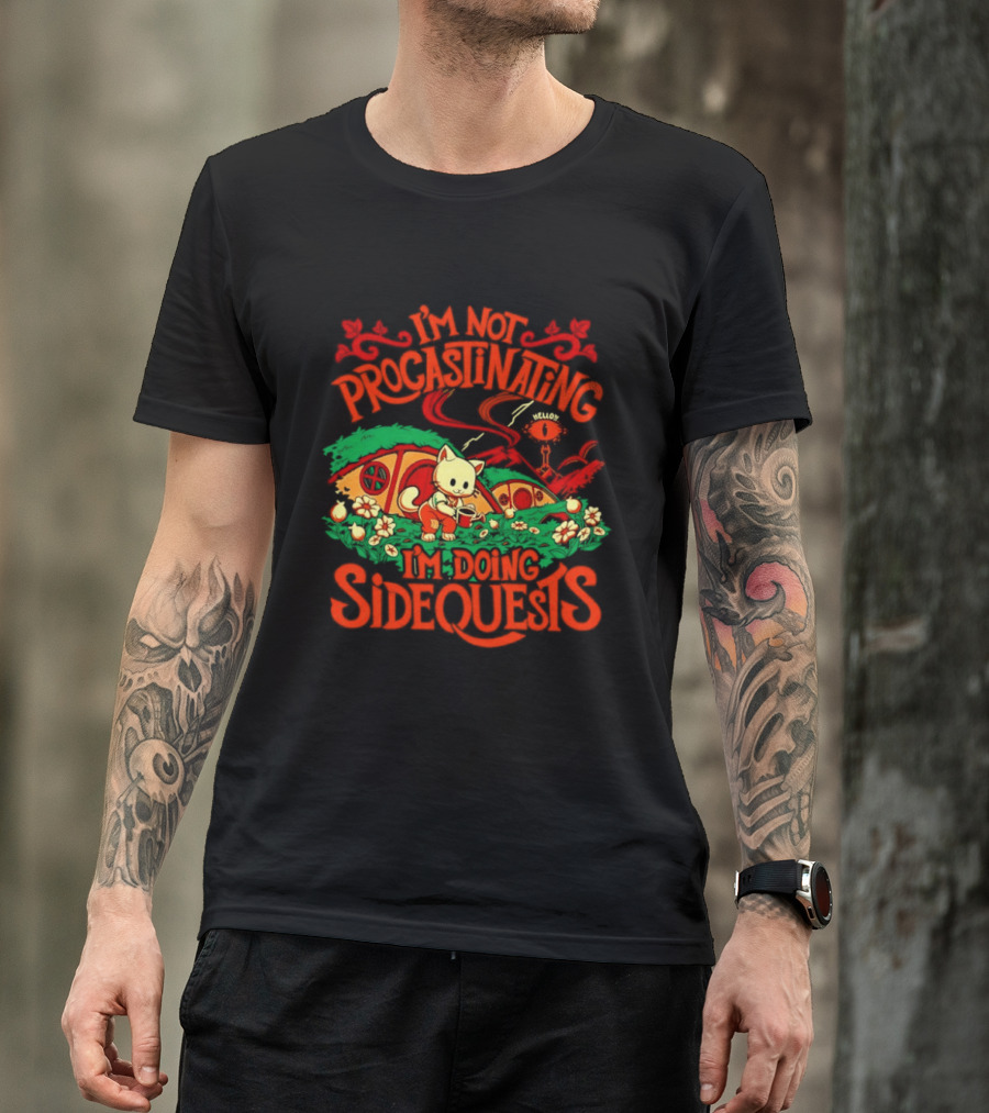I'm Not Procrastinating I'm Doing Side Quests Cute Cat Adventure Scene T-Shirt