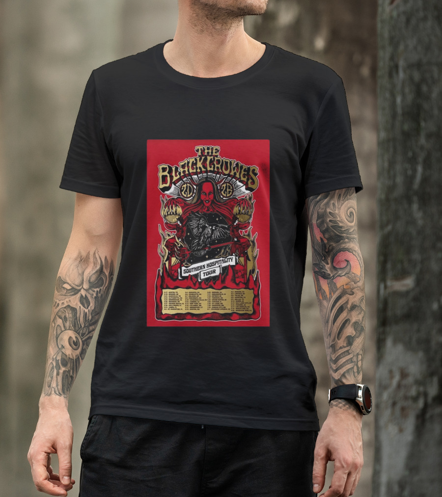 The Black Crowes Southern Hospitality Tour 2026 Red Background Gothic Crow Imagery Vintage Band Tour Dates T-Shirt