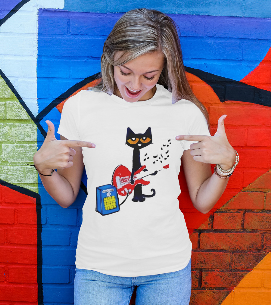 Pete The Cat Playing Red Guitar With Volume Amplifier Music Notes T-Shirt