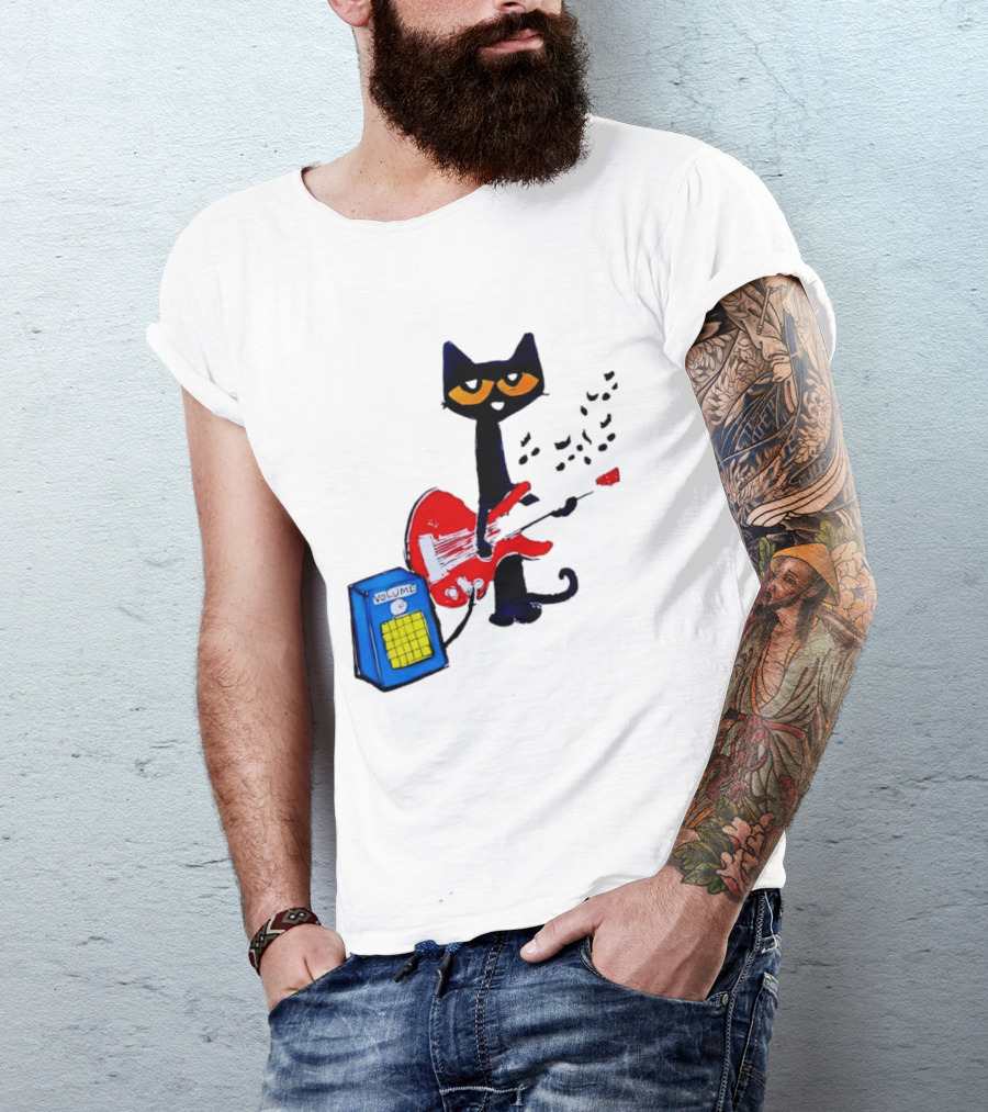 Pete The Cat Playing Red Guitar With Volume Amplifier Music Notes T-Shirt