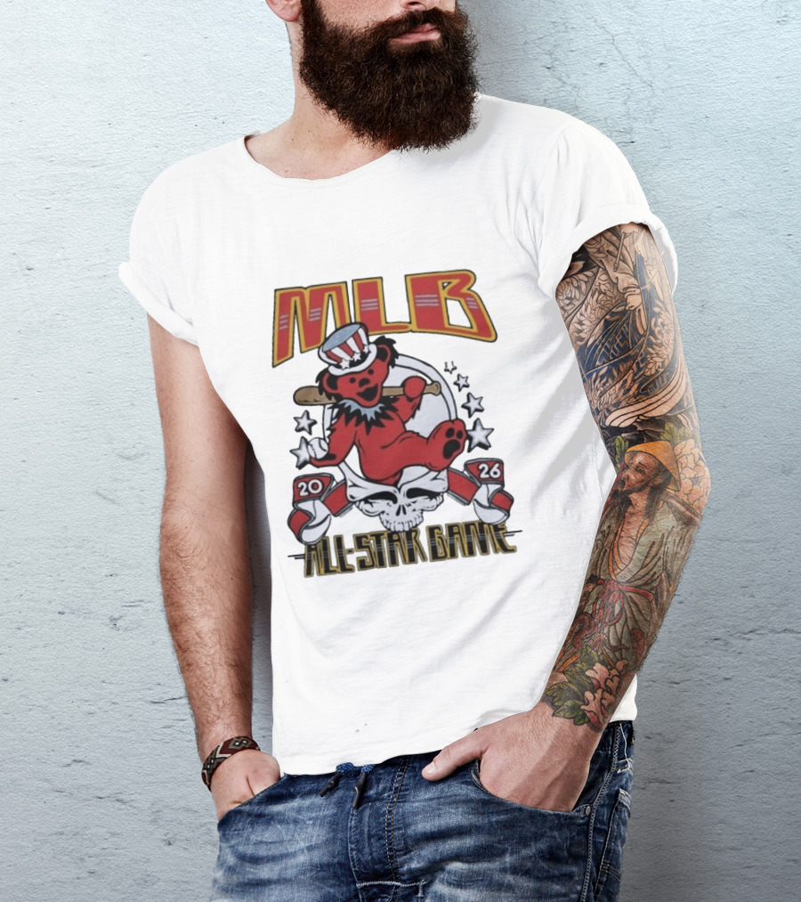 MLB 2026 All Star Game Grateful Dead Bear With Bat Patriotic Hat T-Shirt
