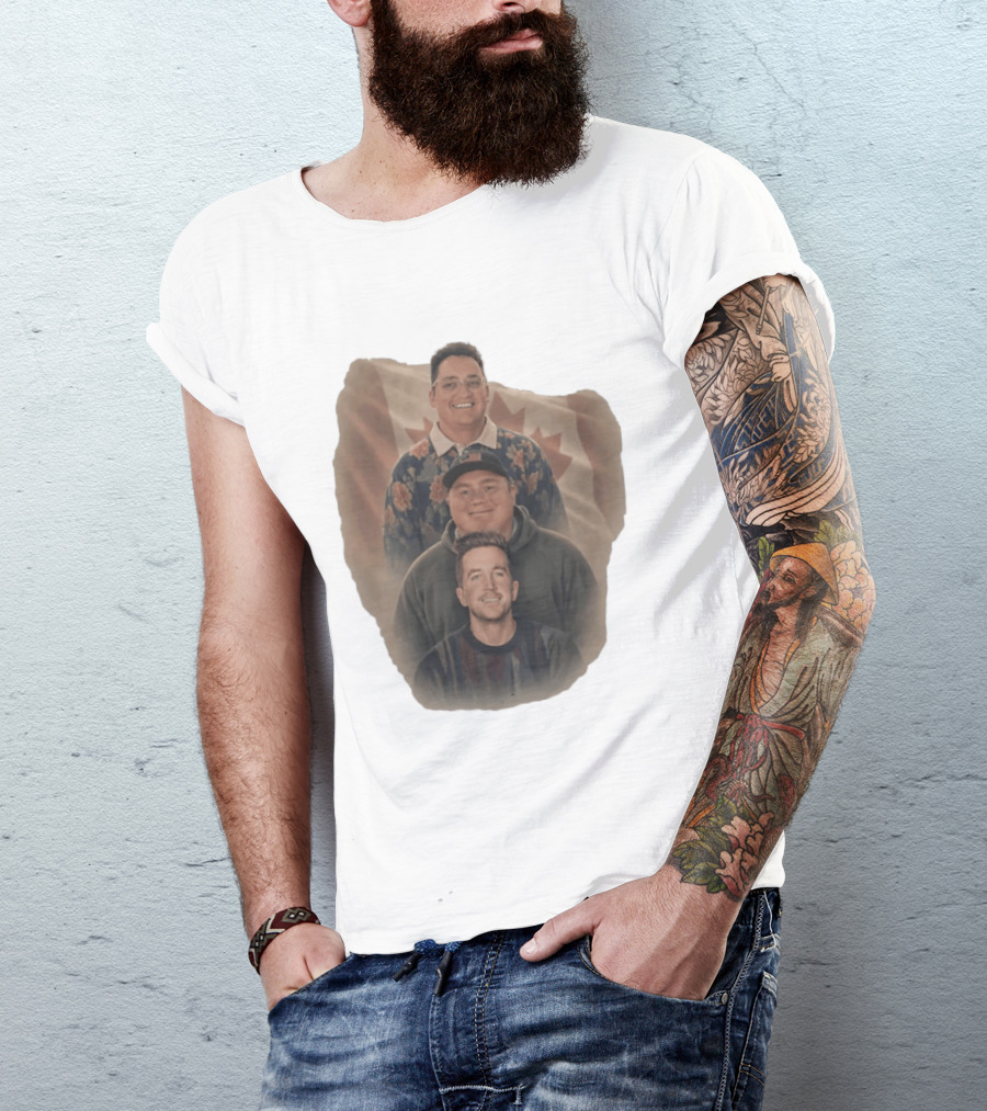Three Smiling Men David Moss Devin Olsen Canadian Pride Flag T-Shirt