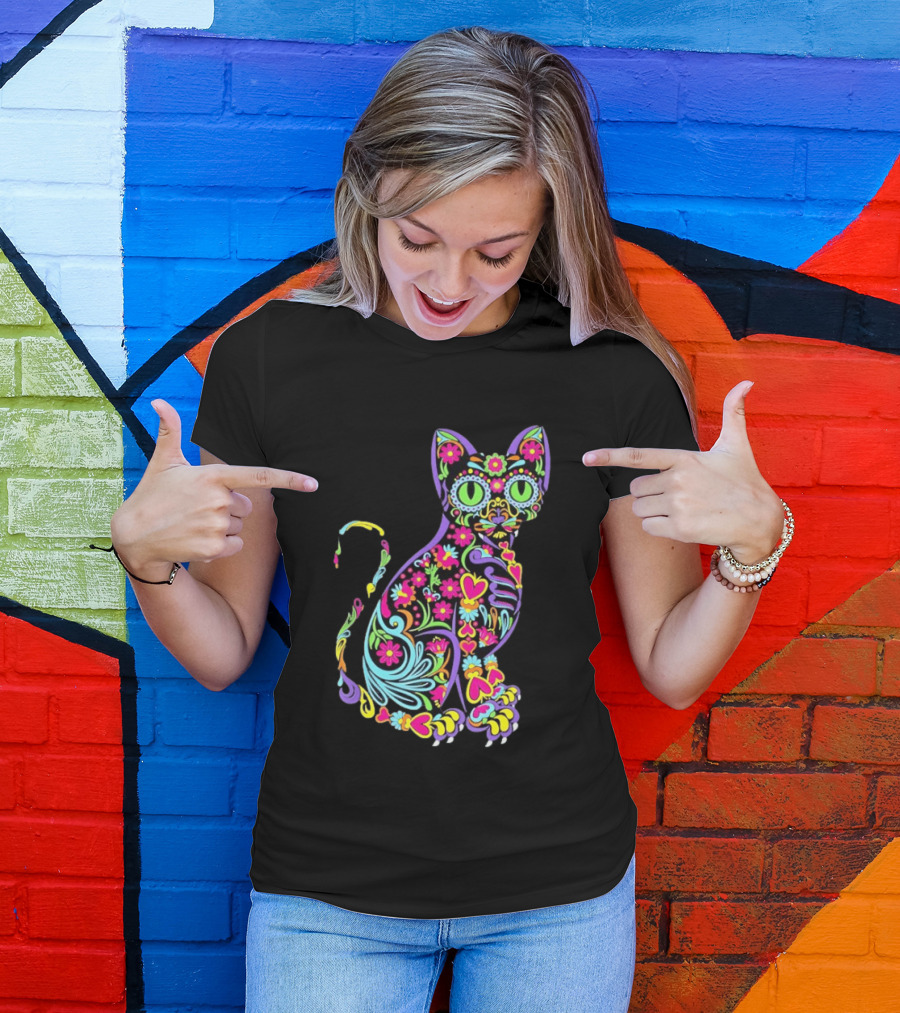 Sugar Skull Cat With Vibrant Floral T-Shirt