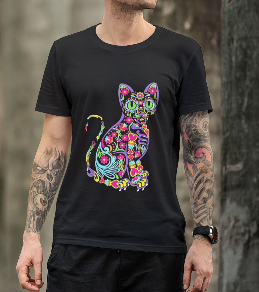 Sugar Skull Cat With Vibrant Floral T-Shirt